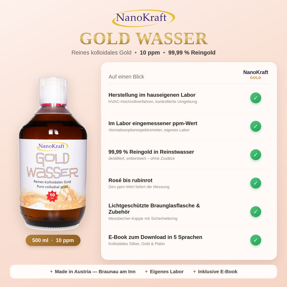 Kolloidales Gold 10 ppm, 500 ml: Produktdaten auf einen Blick