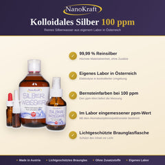 Kolloidales Silber 100 ppm, 500 ml: 99,99 % Reinsilber, bernsteinfarben, im Labor eingemessen, lichtgeschütztes Braunglas