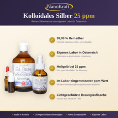 Kolloidales Silber 25 ppm, 500 ml: 99,99 % Reinsilber, hellgelb, im Labor eingemessen, lichtgeschütztes Braunglas