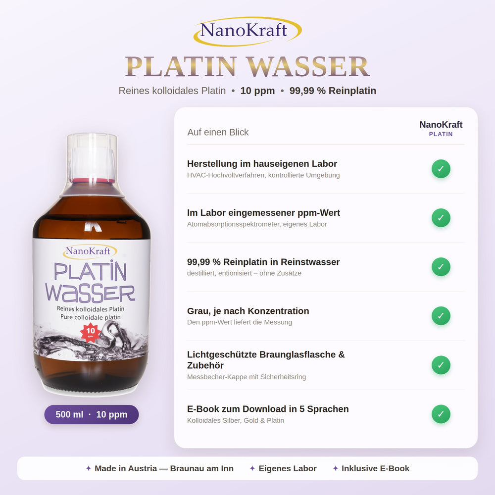 Kolloidales Platin 10 ppm, 500 ml: Produktdaten auf einen Blick