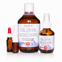 Kolloidales Silber 25 ppm Komplett-Set 500 ml – Braunglasflasche mit Sprühflasche und Tropfflasche