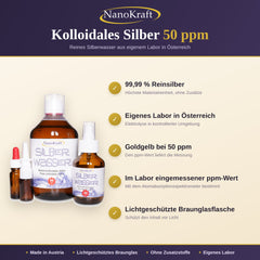 Kolloidales Silber 50 ppm, 500 ml: 99,99 % Reinsilber, goldgelb, im Labor eingemessen, lichtgeschütztes Braunglas