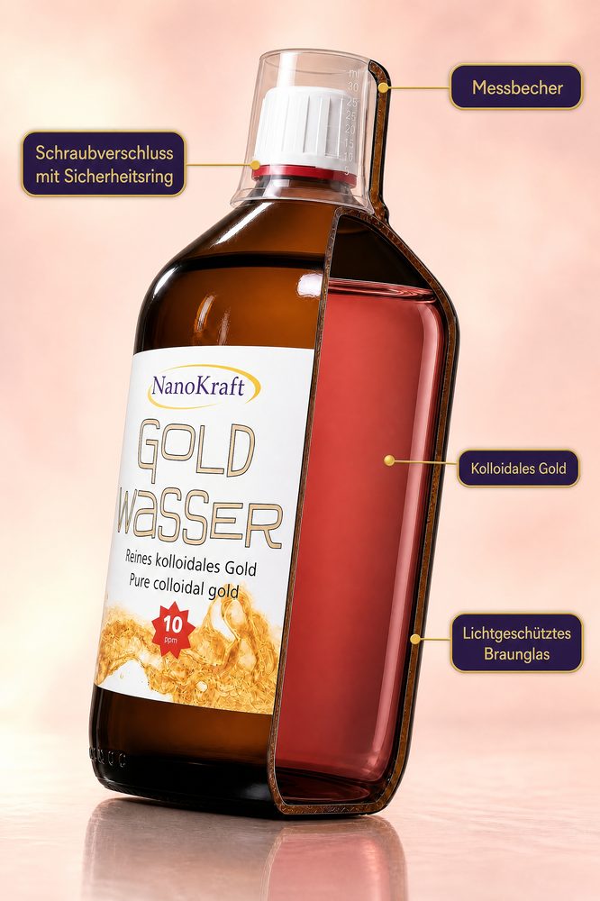 Kolloidales Gold 10 ppm von NanoKraft – rosé bis rubinrote Flüssigkeit in der lichtgeschützten Braunglasflasche, Made in Austria