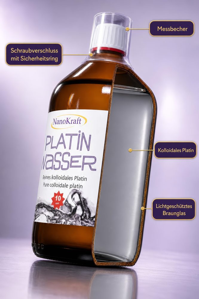 Kolloidales Platin 10 ppm von NanoKraft – fein hellgraue Flüssigkeit in der lichtgeschützten Braunglasflasche, Made in Austria